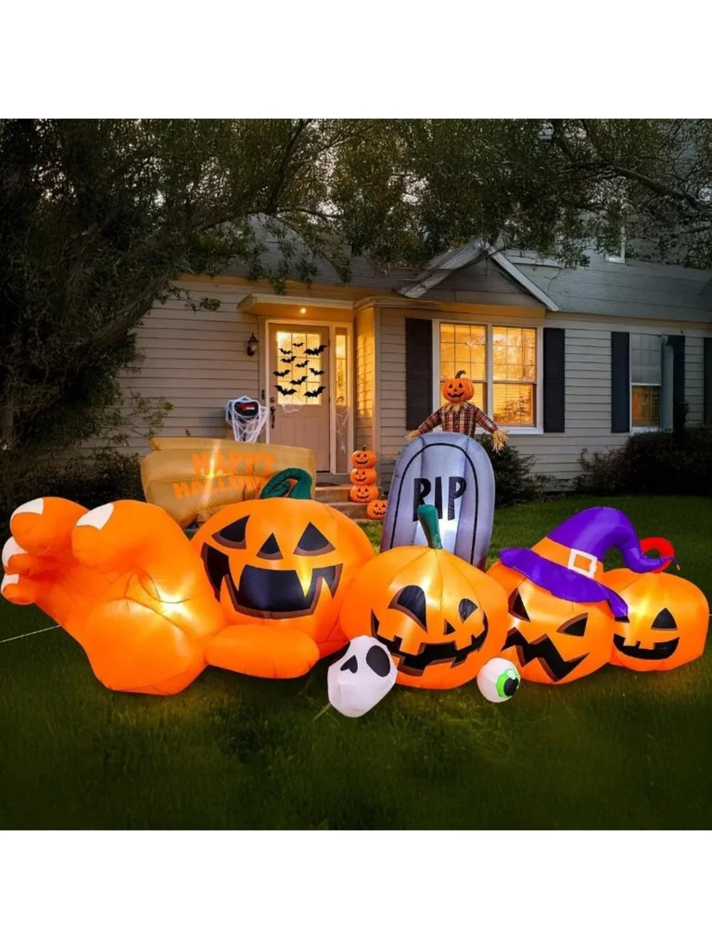 9.2 Ft Halloween Inflatable Yard Decor - LED Pumpkin, Gravestone & Witch Hat